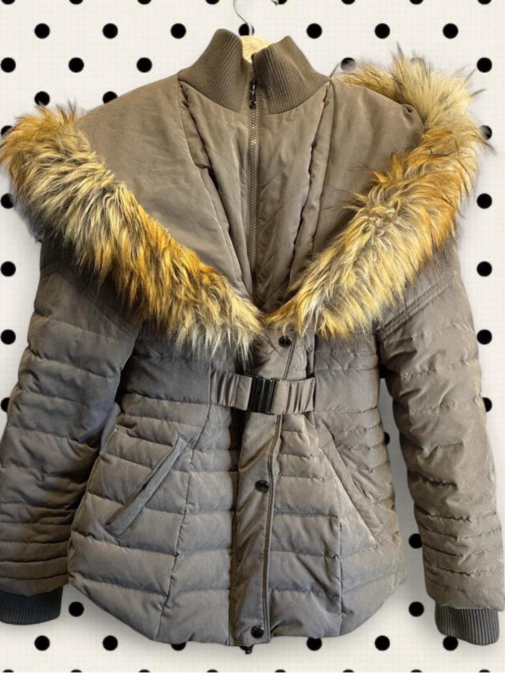 Express Taupe Quilted Puffer Jacket with Faux-Fur Trim